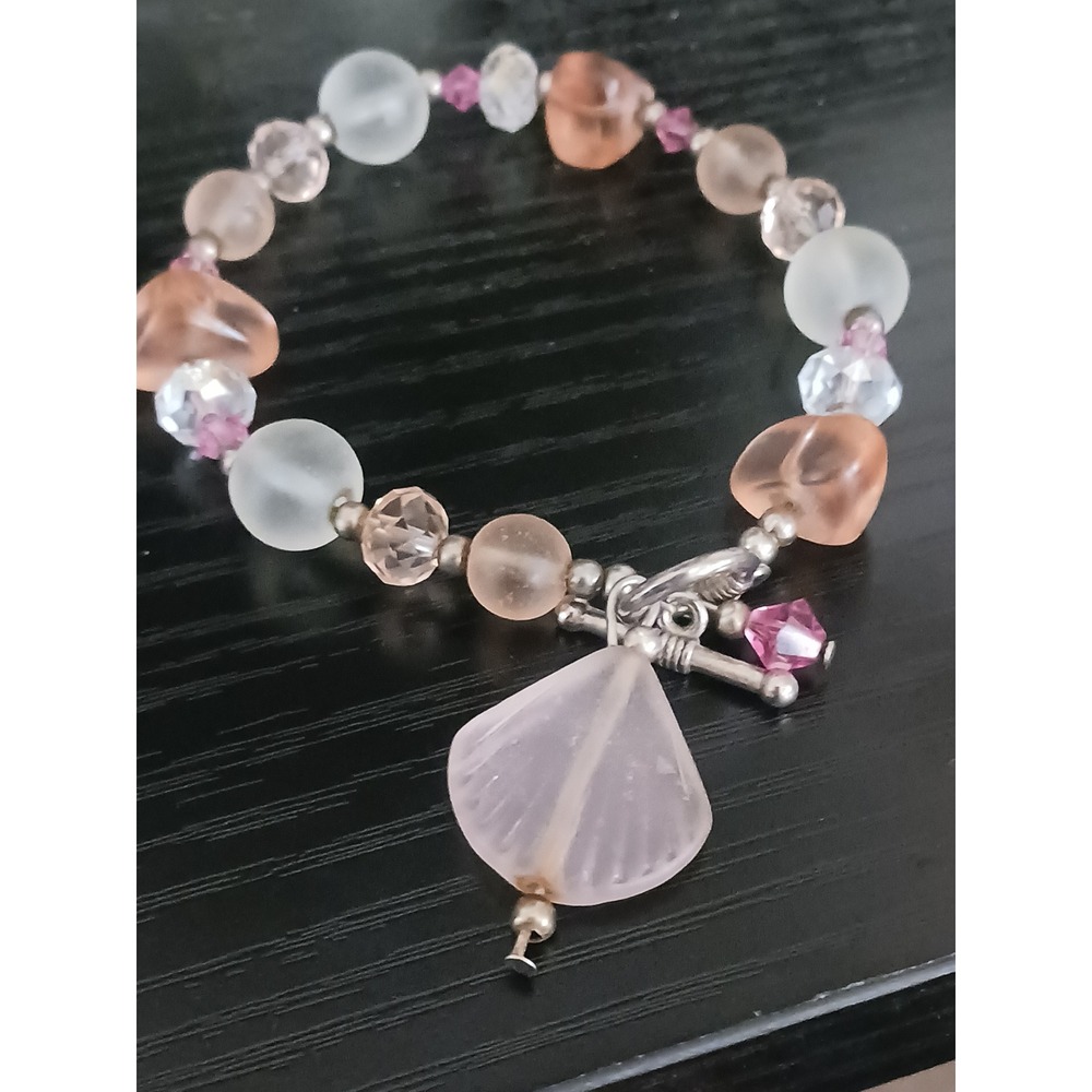 Frosted Sea Glass and Crystal Beaded Toggle Bracelet with Leaf Charm Blush Pink